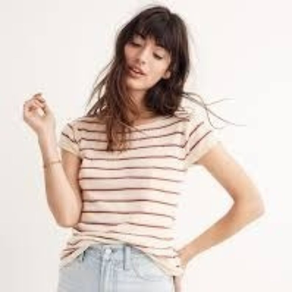 Madewell Marin Sweater Tee Shirt Striped Lightweight Knit Beige Women's XL